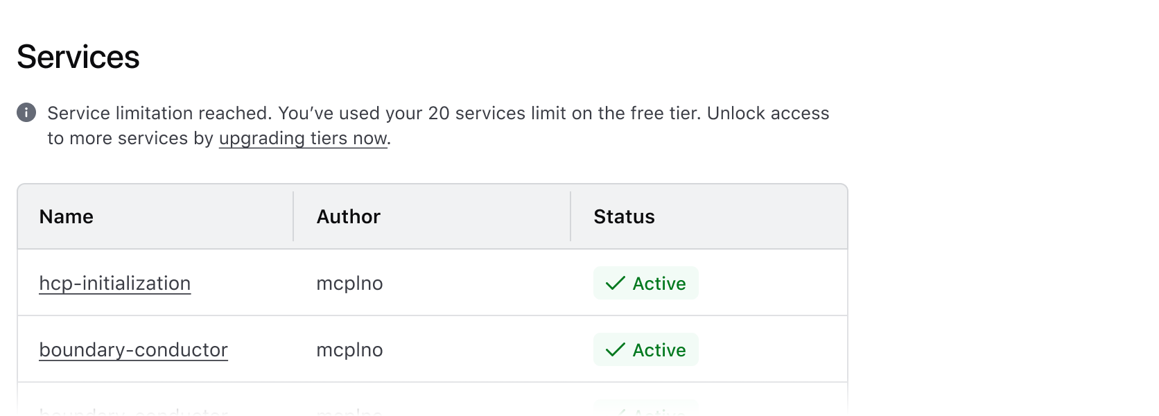 Image showing a table of services with an alert message explaining that the services limitation has been reached and providing them with an upgrade link.